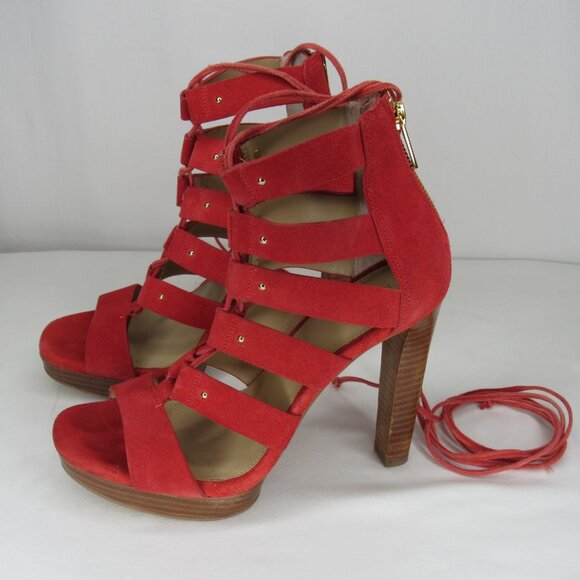 Micheal Kors Red Suede leather SOFIA Lace Up Gladiator Heel Sandal 4" Women's 7 - Picture 5 of 10